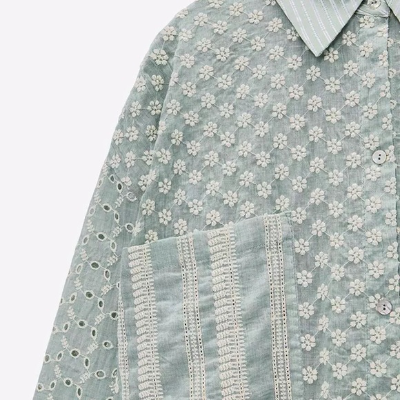 Sage Floral Embroidery Shirt Dress In A Vintage Boho Style With Long Sleeces - Picture 6 of 6